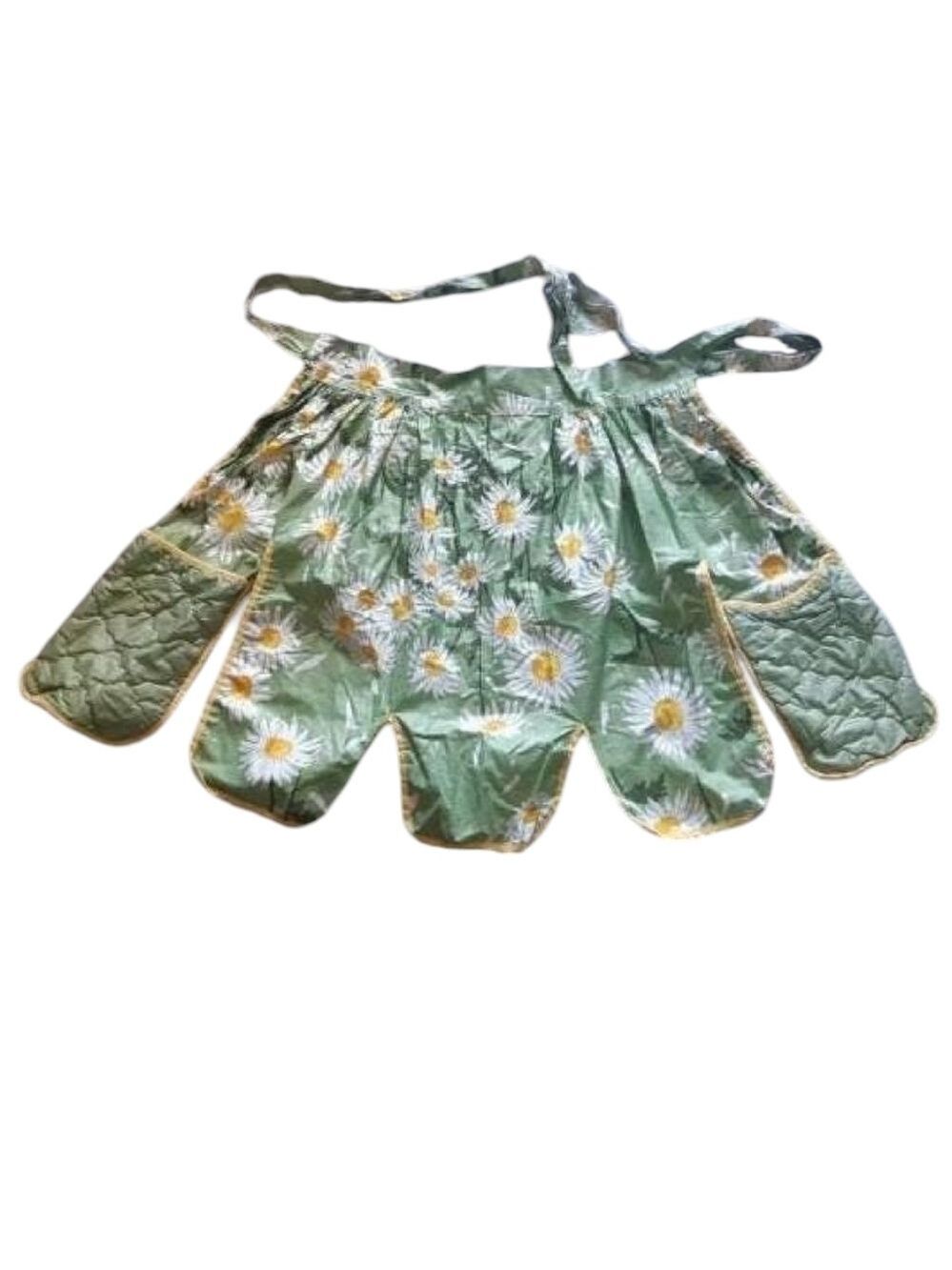 Vtg GINGHAM GIRL half apron DAISY DAISIES FLOWERS FLORAL hand pad pockets